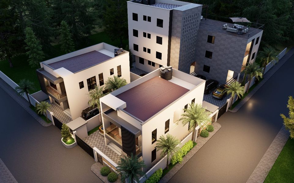 3D aerial rendering of the Moriah Courts development at dusk