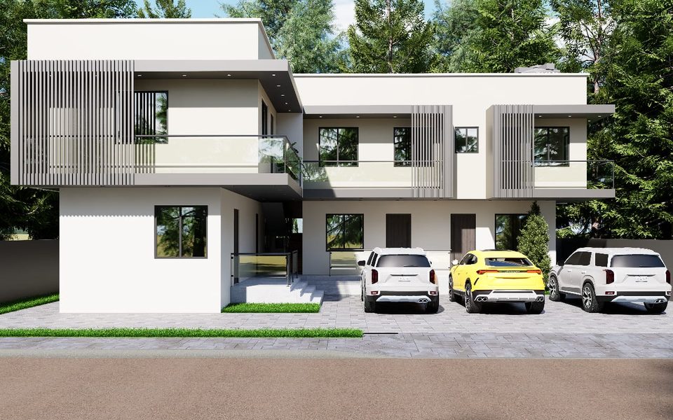 3D rendering of a modern apartment block with louvre details and parking court