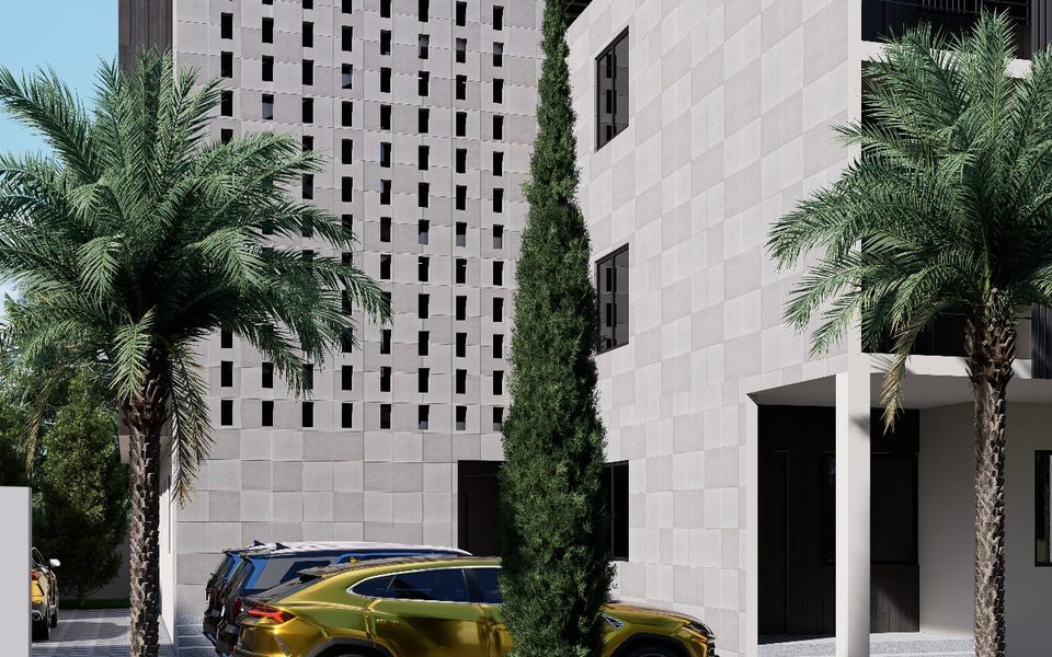 3D rendering of a tiled apartment tower with a perforated facade