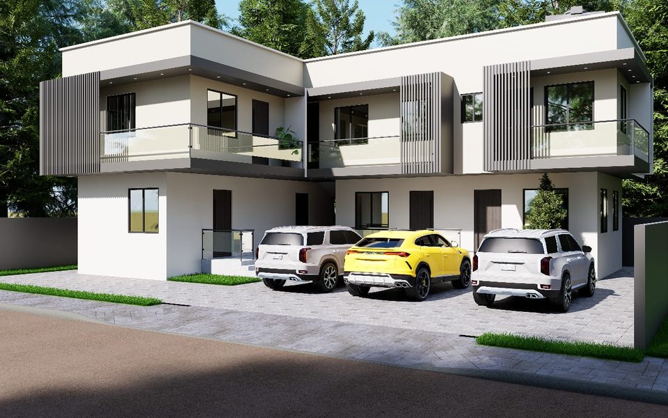 3D rendering of a two-storey apartment block with glass balconies and parking