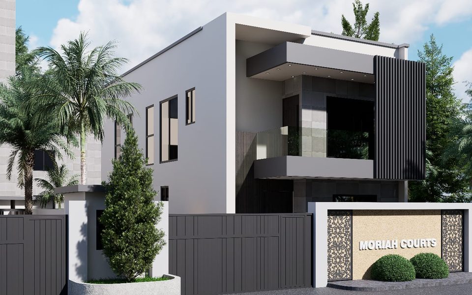 3D rendering of the Moriah Courts entrance, gate and signage