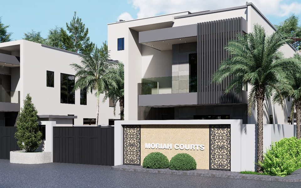 3D street-view rendering of Moriah Courts with laser-cut entrance panels