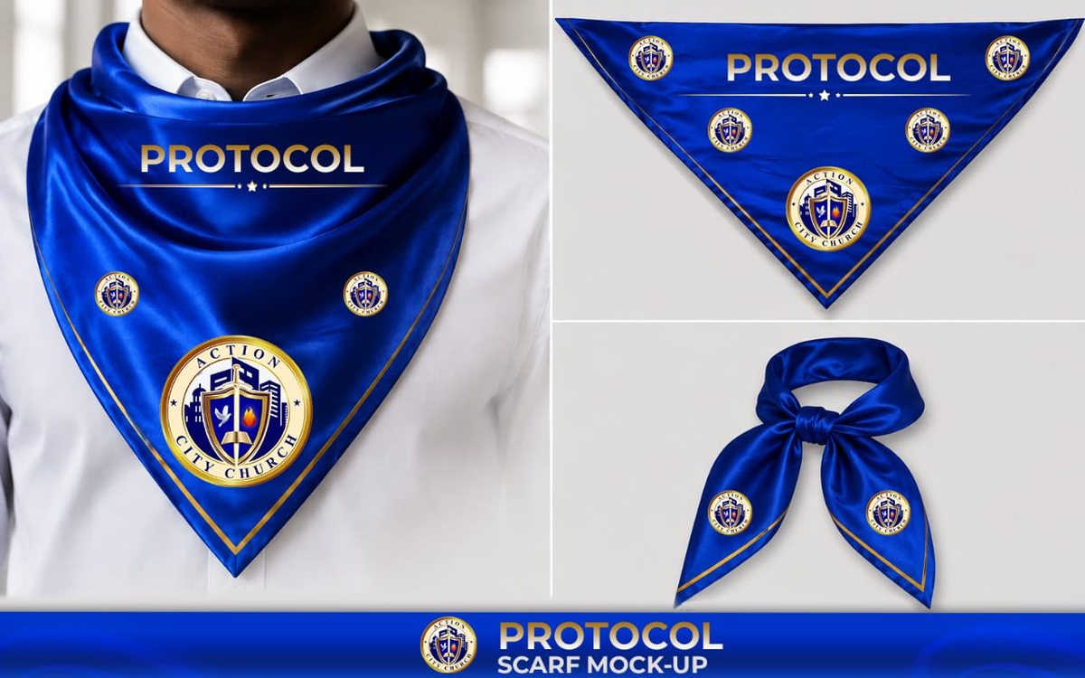 Blue satin Protocol scarf with gold trim and Action City Church emblems, worn and laid flat