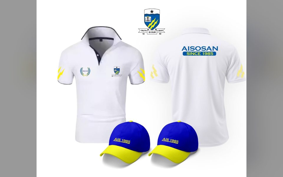 AISOSAN branded white polo shirts and blue and yellow caps
