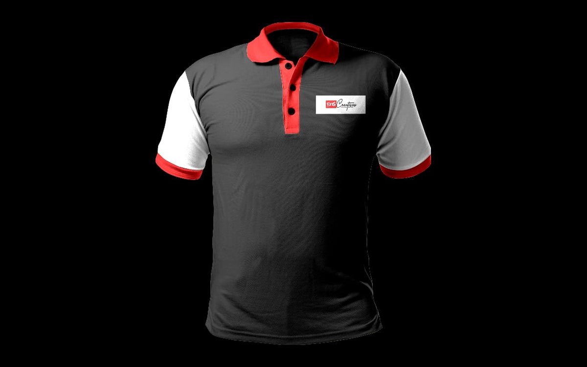 Black polo shirt with red collar and cuffs, white sleeves and the ENS Creatives logo on the chest