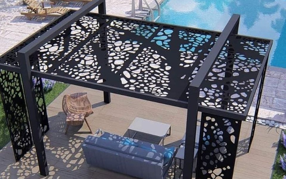 Black steel pergola with a laser-cut canopy and side panels