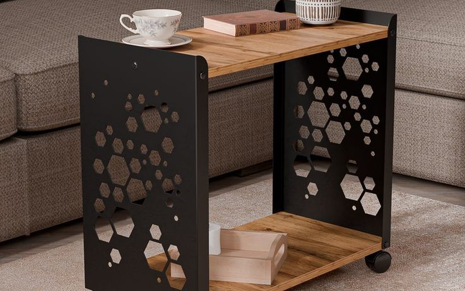 Black steel side table with hexagon laser-cut sides and a wooden top