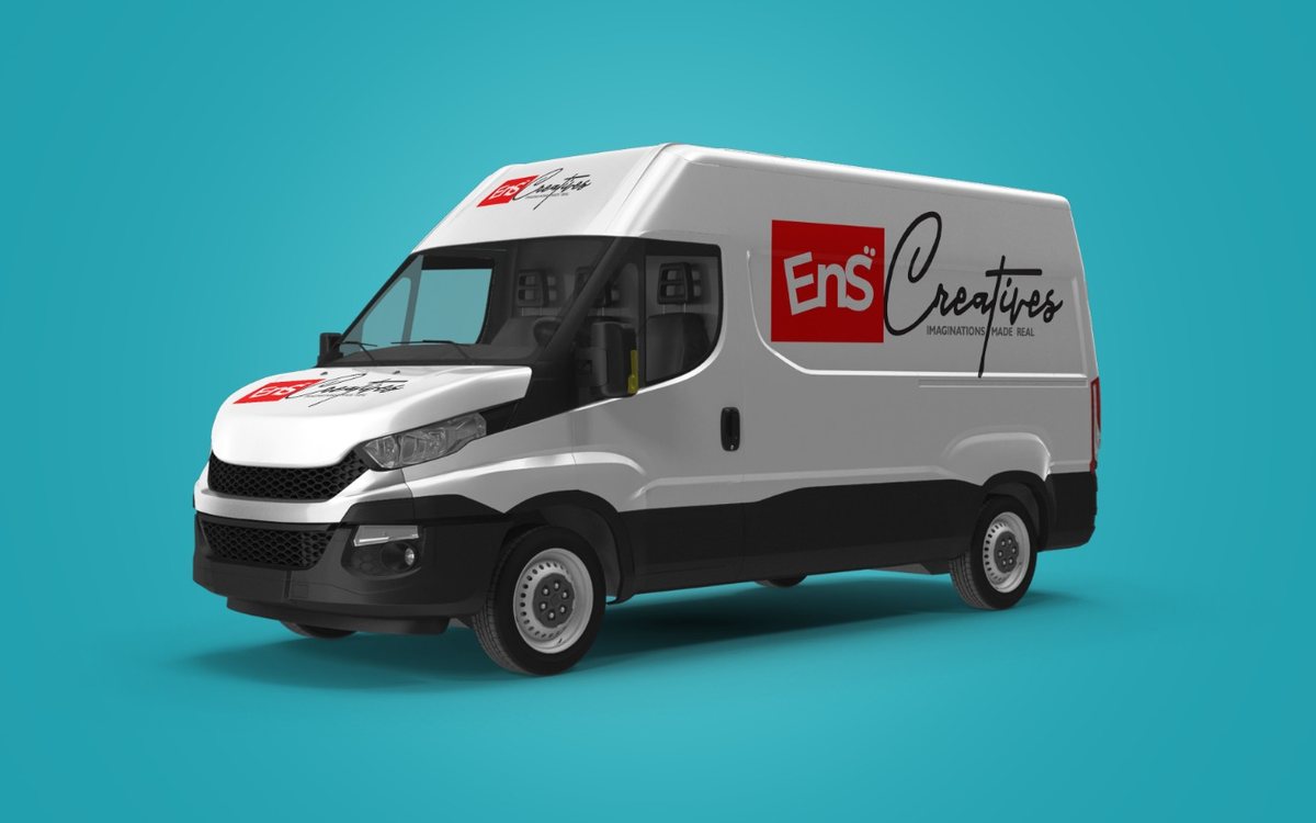 White ENS Creatives van with the red ENS logo and Creatives signature branding on the side and bonnet