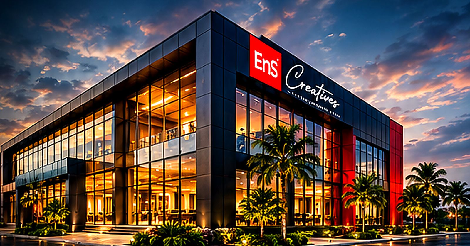 ENS Creatives commercial building in Accra at dusk