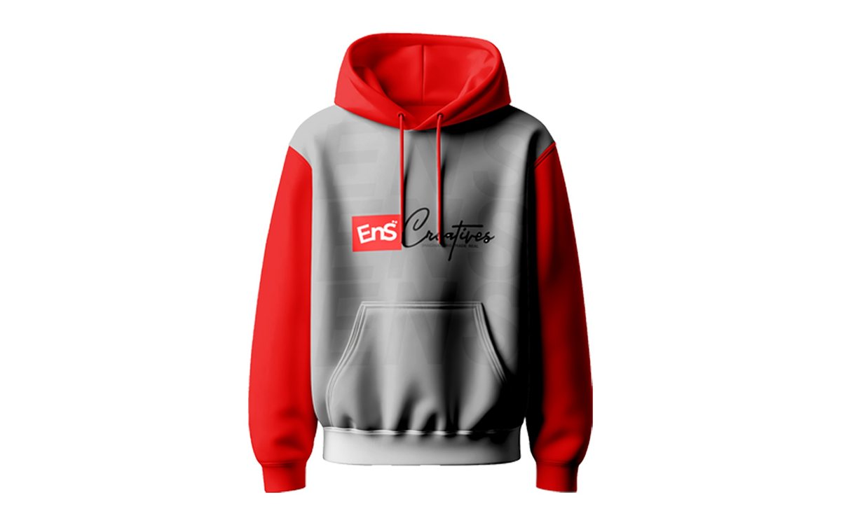 Red and grey hooded sweatshirt with the ENS Creatives logo on the front