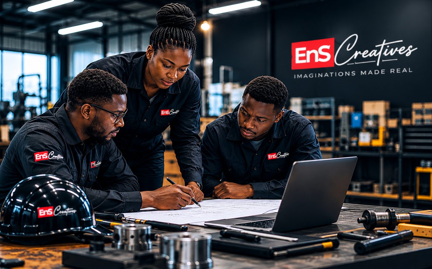 ENS Creatives team reviewing plans in the workshop