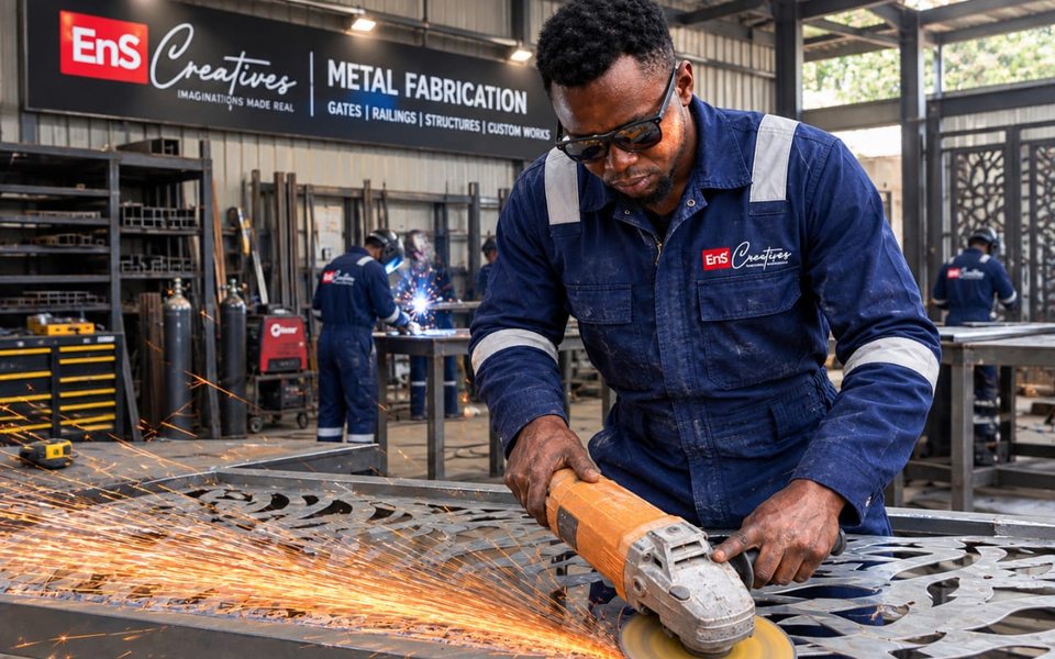 ENS Creatives fabricator grinding a laser-cut steel panel in the metal fabrication workshop