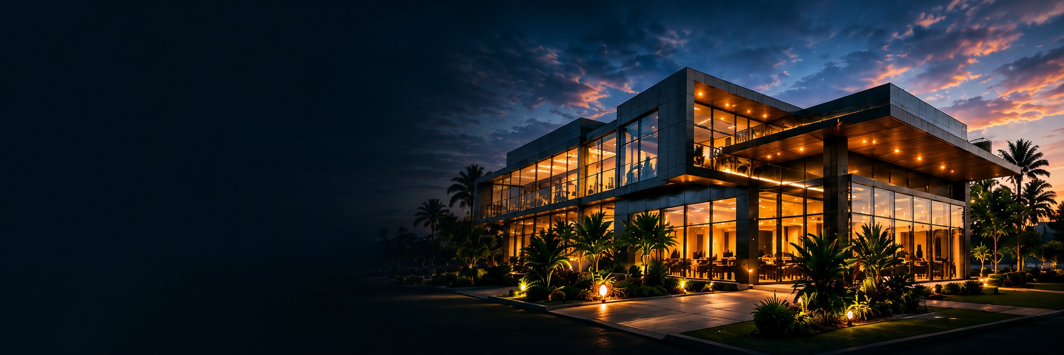 Modern commercial office complex lit up at dusk