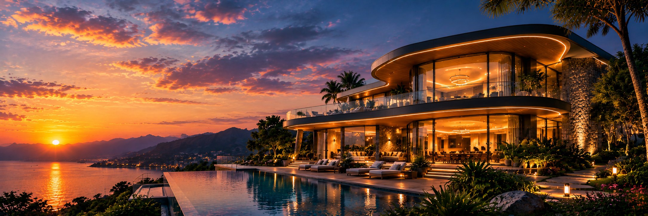 Modern villa with an infinity pool overlooking the sea at sunset